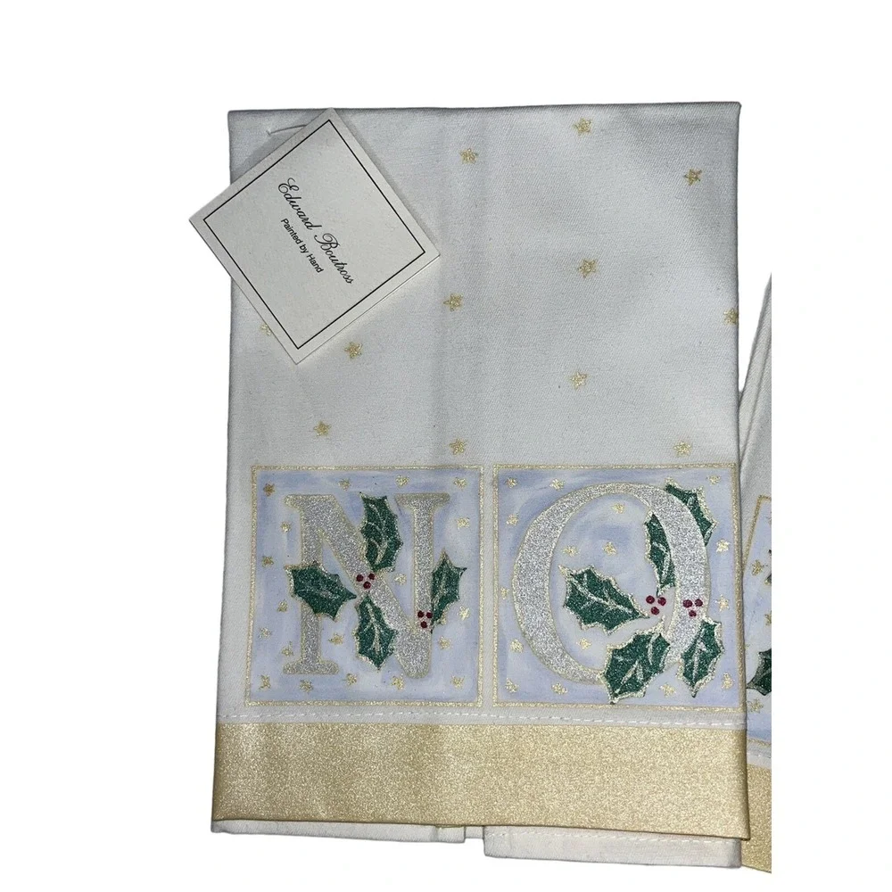 Set Of 2 Edward Boutross Hand Painted Linen Tea Towel Christmas Noel NWT
